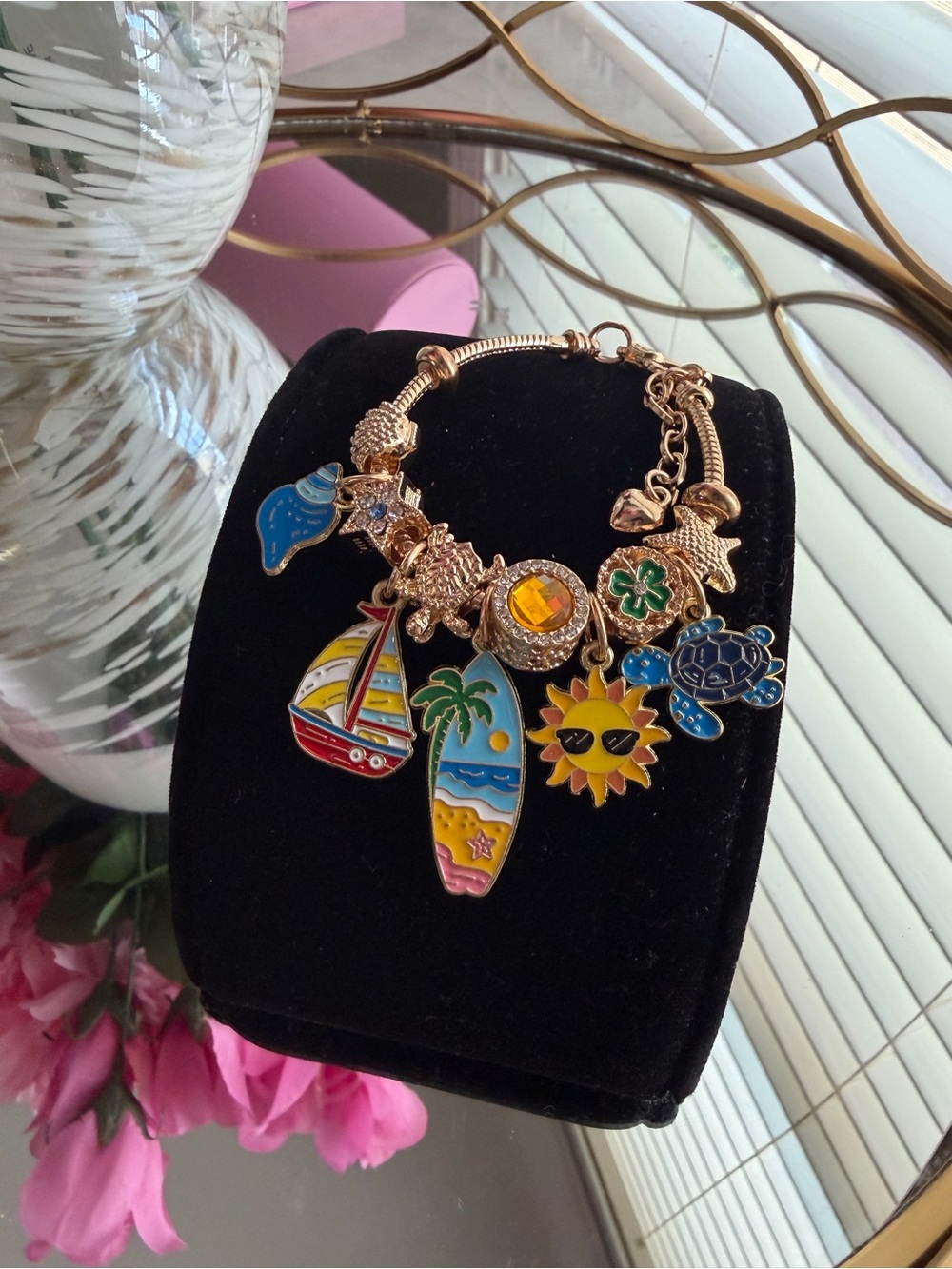 Gold-tone Beach Day Charm Bracelet with Colorful Enamel Charms
